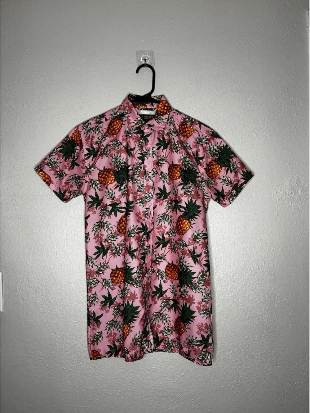 SURF SOCIETY Mens Small Pink Pineapple Hawaiian Shirt Short Sleeve Swimwear